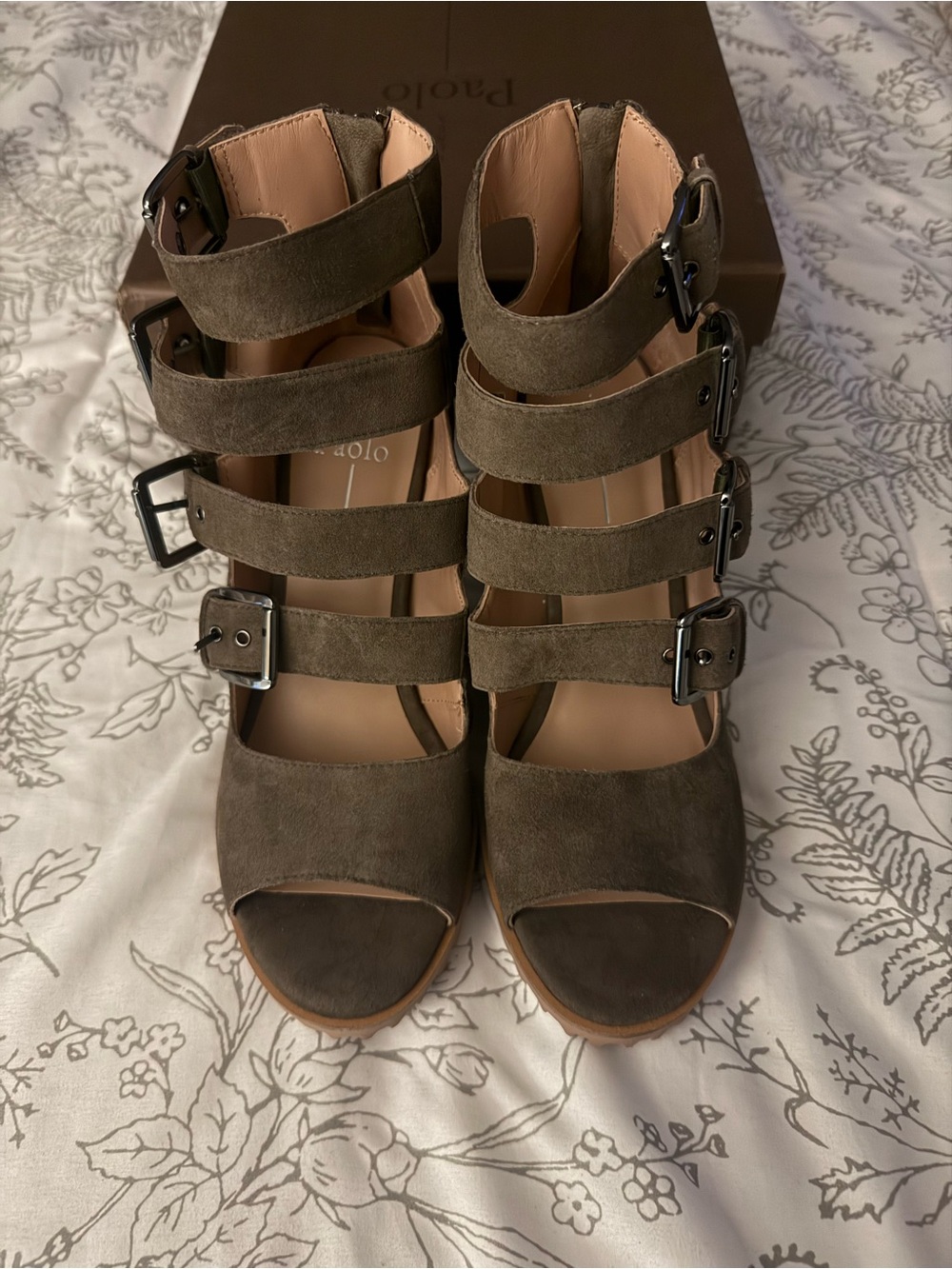 Suede Multi-Buckle Open-Toe Heels in Green